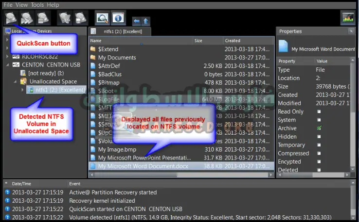 لوحة استرداد القسم النشط تعرض الأدوات والخيارات لاستعادة أقسام القرص المفقودة أو التالفة