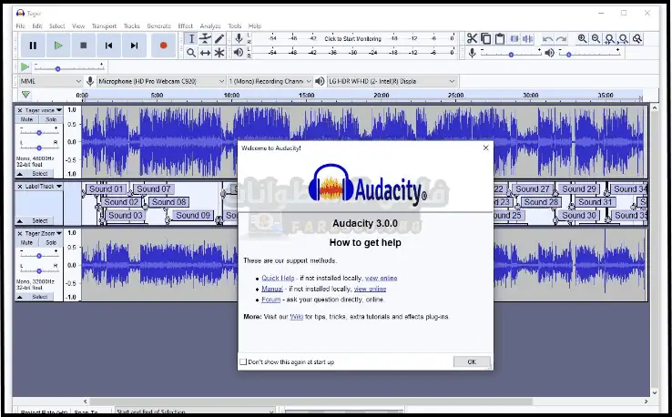 شعار Audacity، وهو برنامج مجاني لتحرير الصوت، يتميز بشكل موجة منمق واسم "Audacity" بأحرف غامقة