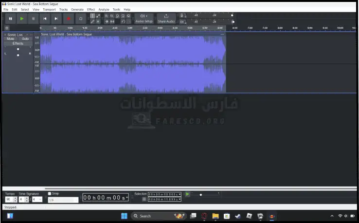 واجهة برنامج Audacity على شاشة الكمبيوتر الشخصي، تعرض أدوات تحرير الصوت وتصور الأشكال الموجية