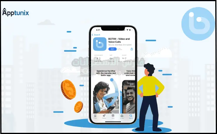 شاشة الكمبيوتر تعرض تحميل برنامج بوتيم Botim، مع تسليط الضوء على إمكانياته في المراسلة ومؤتمرات الفيديو